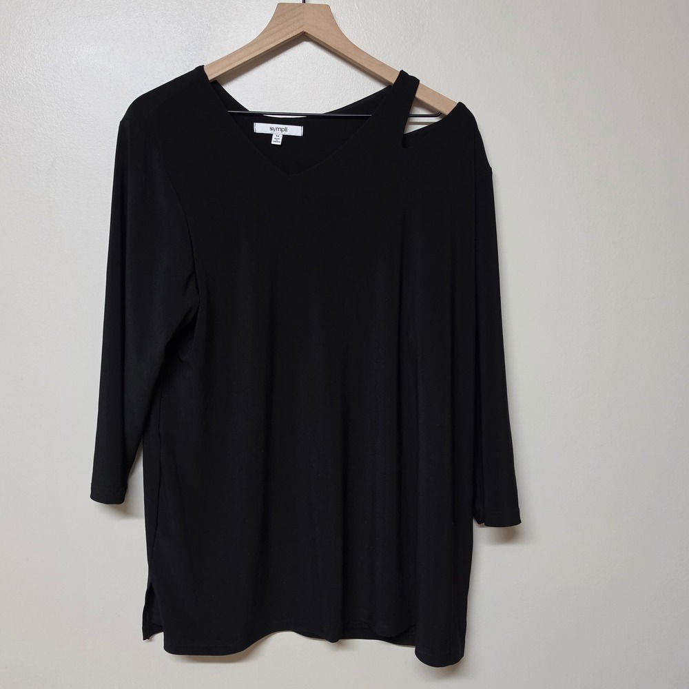 Sympli Womens Black Shoulder Cutout V-Neck 3/4 Sleeve Jersey Tunic Top Size 16